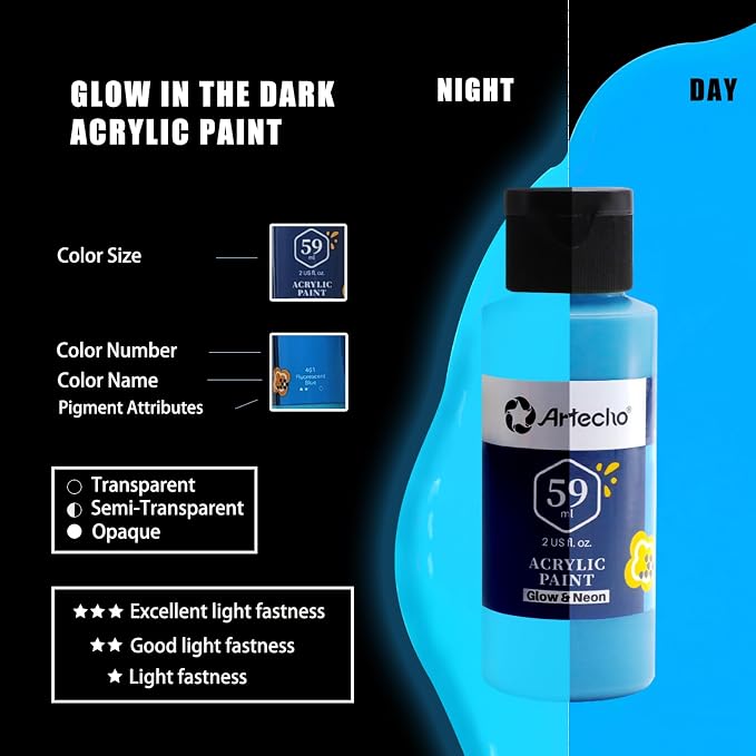 Artecho Glow in the Dark Acrylic Paint Set – 6 Colors x 60ml, Non-Toxic - Image 2