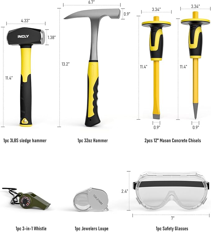 INCLY 7 Pcs Geology Rock Pick Equipment Kit, 3lb Sledge &32 oz Rock Hammer - Image 2