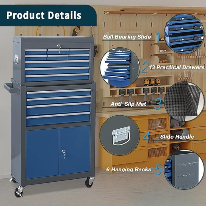 13-Drawer Tool Chest with Double Door and Wheels, Large Detachable Tool Box with Sliding Drawers, Mechanic Toolbox Storage Cabinets, Metal Tool Cart for Garage Workshop (Blue＆Grey)