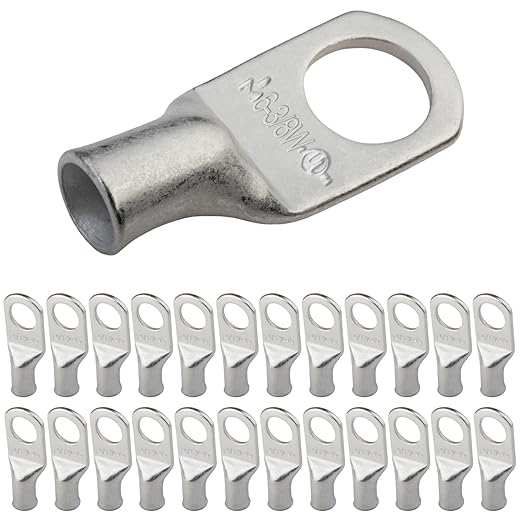 SELTERM 25pcs 6 AWG 3/8" Stud Marine Grade Tinned Copper Battery Cable Lugs, 6 Gauge Ring Terminals, UL Wire Lugs Electrical Battery Cable Ends, Tinned Copper Lugs Battery Terminal Connectors