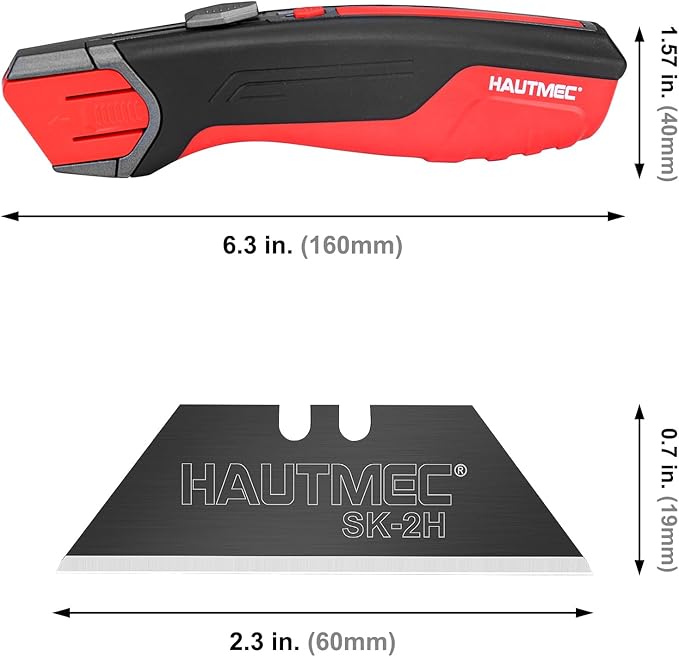 HAUTMEC Safety Self Retractable Utility Knife, Professional Heavy Duty Box Cutter With Extra 3 Black Sk2H Blades, Tool-free Blade Change, Safety Knife for Work HT0414-KN