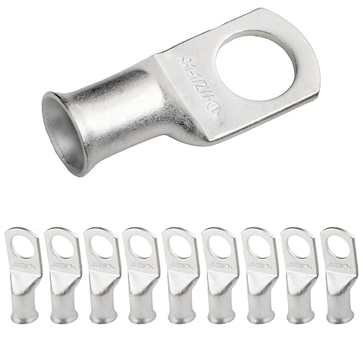 SELTERM 10pcs 1 AWG-1/2 Stud Tinned Copper Wire Lugs, Heavy Duty Battery Cable Ends,1 Gauge Ring Terminals, UL Battery Lugs Marine Grade Copper Eyelets Electrical Battery Terminal Connectors