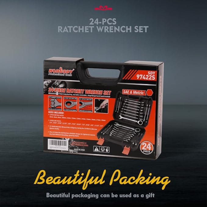 HORUSDY 24-Piece Ratcheting Wrench Set | Metric and SAE | Ratchet Combination Wrenches Set with Organizer | 72-Tooth | Chrome Vanadium Steel | 6-18 mm & 1/4” to 3/4“ (24-Piece)
