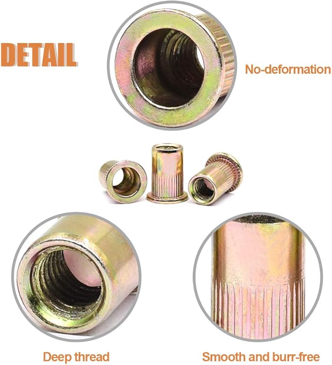 Keadic 100Pcs M10 Rivet Nuts Metric Zinc Plated Rivet Nut Carbon Steel Rivet Nut Flat Head Threaded Insert Kit Threaded Rivet Insert Nutsert Rivnuts Kit for Furniture
