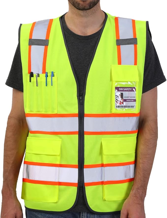 Dib Safety Reflective Vest High Visibility Two Tone with Pockets and Zipper, ANSI Class 2 Compliant, Yellow with Orange Trim L