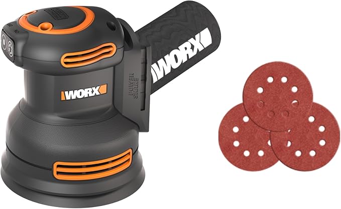 WORX 20 V WX823L.9 Cordless Random Orbital Sanders, Brushless Sander Cordless, 150/120/80 Grit sanding paper, 20V Cordless Sander Tool Only, WX823L.9
