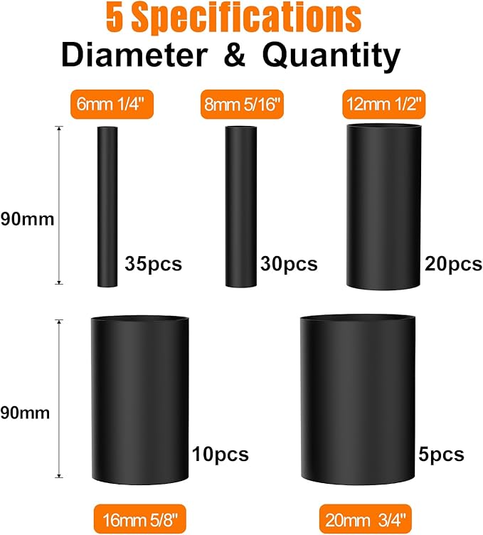 Lsnisni 3.54 Inches Heat Shrink Tubing Kit 100 Pcs, Ratio 4:1 Adhesive Lined, Dual Wall Tube - Marine Grade Waterproof, 5 Diameters, Heat-Shrink Tube, Heat Shrink Cable Sleeve - Black