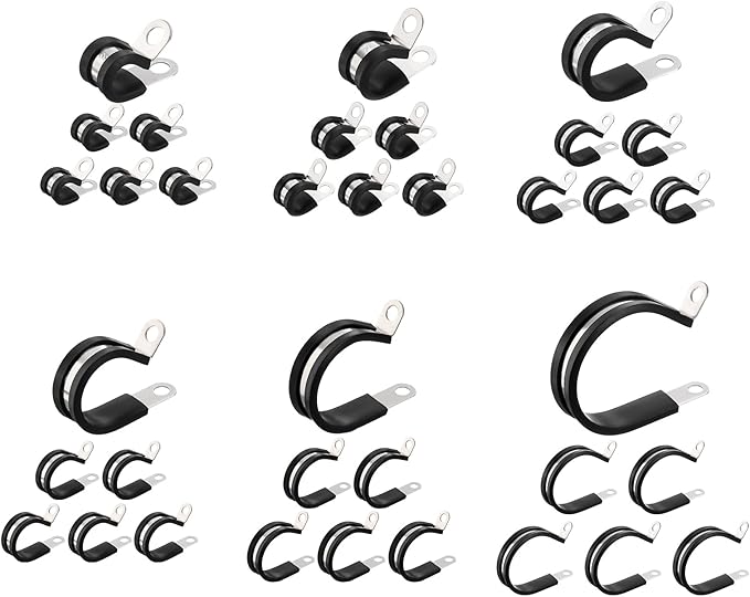 HARFINGTON 82pcs 304 Stainless Steel Cable Clamps 3/8"-1-3/4" Rubber Cushioned Insulated Clamp Metal Loop Pipe Clamp for Tube Pipe Wire Cord Installation