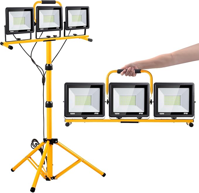 21000 Lumen Work Lights with Stand, 3 Adjustable Head LED Work Light, with Adjustable and Foldable Tripod Stand, Waterproof Lamp with Individual Switch with 6500 Kelvin Color Temperature