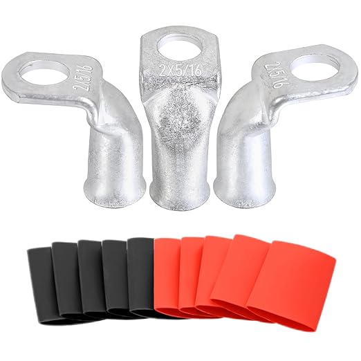 Tinned Copper Cable Lugs 10pcs 2 AWG-5/16 90 Degree Bent Battery Lugs,Heavy Duty Wire Lugs,Ring Terminal,2 Guage terminals,Battery Cable Ends/Terminal Connectors with 10pcs 3:1 Heat Shrink Tubing