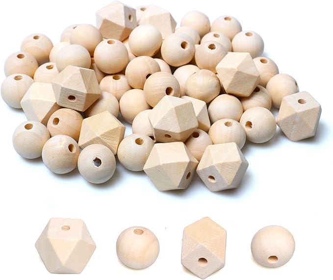 20mm Unfinished Wooden Beads, 20 Geometric and 50 Round Polygon Wood Beads - Image 6