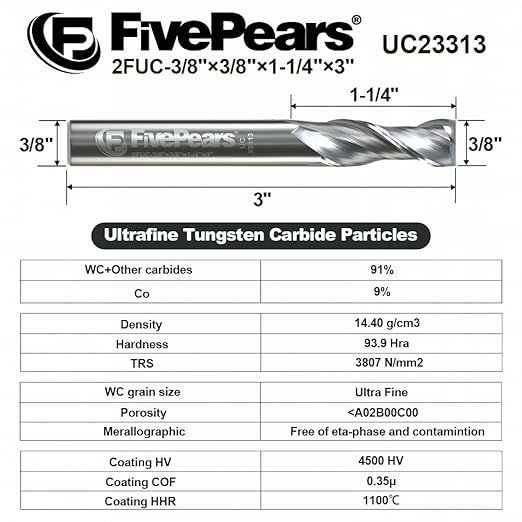 FivePears Up Cut Spiral Router Bit for CNC, 3/8 inch Cutting Diameter and 1-1/4 inch Cutting Length 3/8 inch Shank Carbide End Mill Router Bit for Wood Carving Engraving Grinding Grooving
