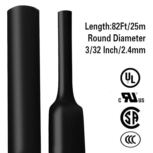XHF 3/32 Inch(2.4mm) 82 Ft XHF 3:1 Waterproof Heat Shrink Tubing Roll Marine Grade Adhesive Lined Heat Shrink Tube, Insulation Sealing Oil-Proof Wear-Resistant Black