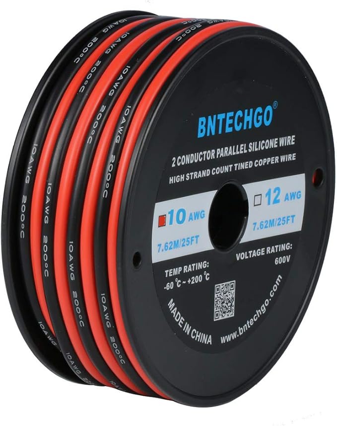 BNTECHGO 10 Gauge Flexible 2 Conductor Parallel Silicone Wire Spool Red Black High Resistant 200 deg C 600V for Single Color LED Strip Extension Cable Cord,Model,25ft Stranded Tinned Copper Wire
