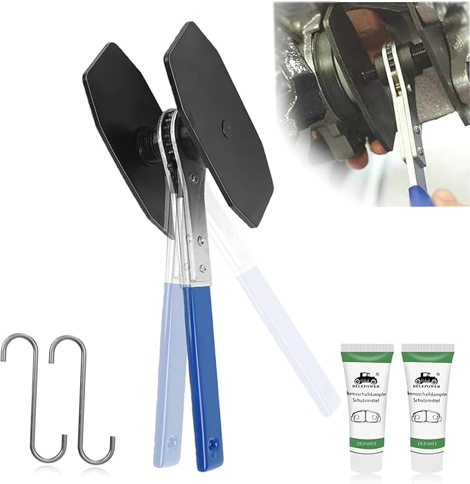 Brake Caliper Compression Tool, Caliper Piston Compressor Tool, Brake Pad Spreader, 5 in 1 Universal 360° Ratcheting System with 2 Brake Caliper Hooks, 2 Brake Disc Lubricant