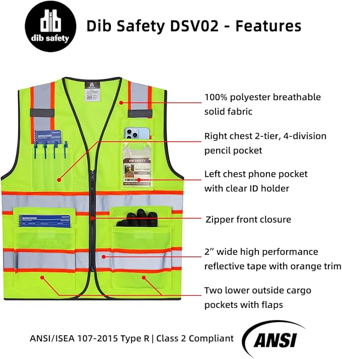 Dib Safety Reflective Vest High Visibility Two Tone with Pockets and Zipper, ANSI Class 2 Compliant, Yellow with Orange Trim S