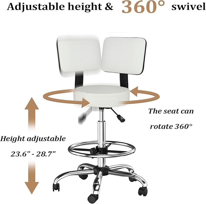 OmySalon Drafting Chair,Ergonomic Office Desk Chair with Back Support,Tall Adjustable Rolling Stool with Footrest & Thick Seat Cushion,Computer Chair for Salon Medical Spa Home Bar Kitchen, White