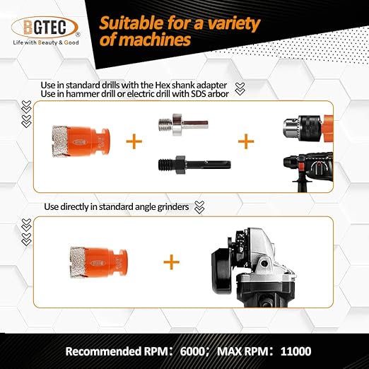 BGTEC Tile Hole Saw Kit Diamond - 11PCS 5/8-11 Thread Drill Bits 6/6/8/19/35/50/65mm+50mm Beveling Chamfer Bit+20mm Finger Bit+SDS/HEX Adapter for Pocelian Tile Ceramic Marble Granite Stoneware