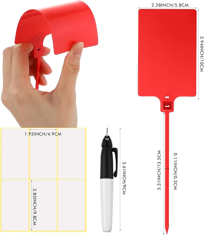 Pajean Waterproof Plastic Tags with Marker Pens and Sticker Labels, Self Locking Bag Writable Tags with Wire Cable Ties for Luggage(Red,50 Pieces)