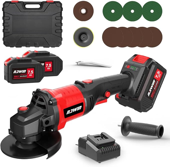 NAWIN 20V Cordless Grinder Kit,4 inch, 2×7.5Ah Battery&Fast Charger, variable speed grinder, Battery Angle Grinder Tool,Brushless Motor, Angle Grinder for Cutting, Griding, Polishing（7.5Ah）