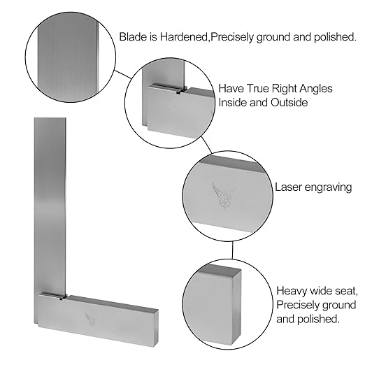 PEC Tools Machinist Square Precision Engineer Wide Seat Square 90 Right Angle Ground Hardened Steel Angle Ruler 4 x 3 Inch, Suitable for Woodworking and Precision Layout Work