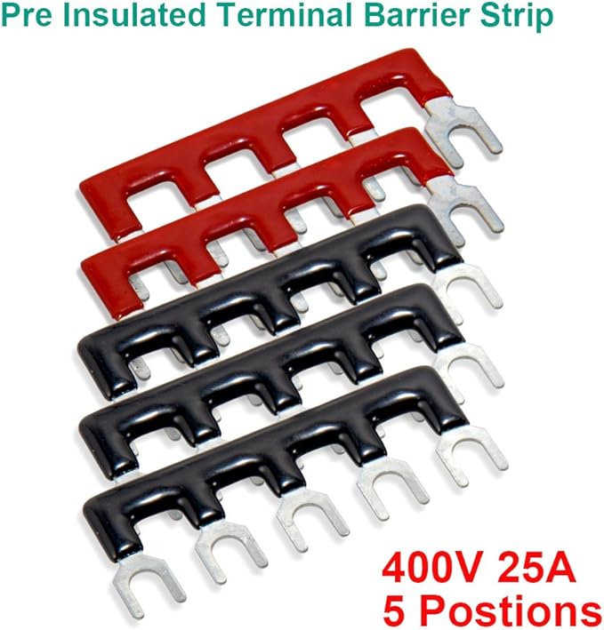 MILAPEAK Terminal Block and Strip - 10pcs (5 Sets) 5 Positions Dual Row 600V 25A Screw Terminal Blocks with Cover + 400V 25A 5 Positions Pre-Insulated Terminals Barrier Strips (Black & Red)