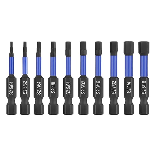 HPHOPE Impact Hex Head Allen Wrench Drill Bit Set 10 Pcs - SAE, S2 Steel Hex Bits Set, 1/4” Hex Shank with Magnetism, 50mm Long with Storage Box.