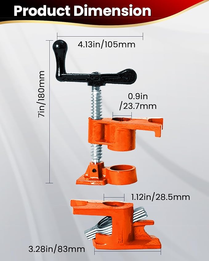 Pipe Clamps 3/4 inch 6 Pack Pipe Clamp with Unique Foot Ideal for Carpentry, Home Improvement, and DIY Projects Wood Gluing Clamps (Orange, 3/4 IN)