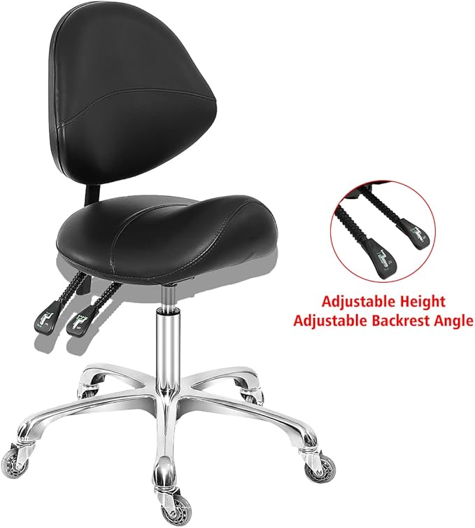 Saddle Stool Dental Hygienist Chair with Back Support, Rolling Esthetician Saddle Stool for Lash Salon Tattoo Shop Spa Dentist Clinic (with Backrest, Black)