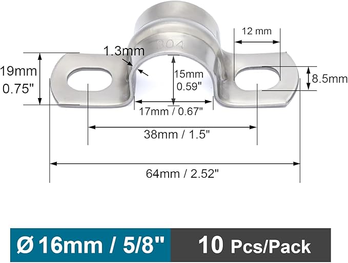 10 pcs 5/8" Conduit Clamp 304 SS U Bracket 2-holes Pipe Bracket, Tube Clamps for Pipe/Cable Heavy Duty Pipe Clamp | OD 5/8" | 10 pcs