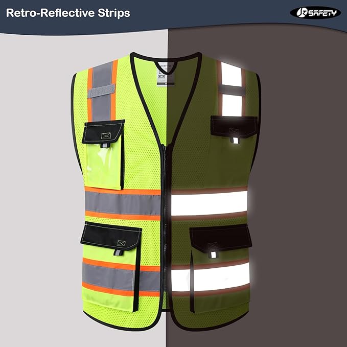 JKSafety Hi Vis Reflective Safety Vests for Men Women High Visibility Vest with Pockets Mesh Fabric Construction Safety Apparel Neon Vest for Work (220-Yellow 4XL)