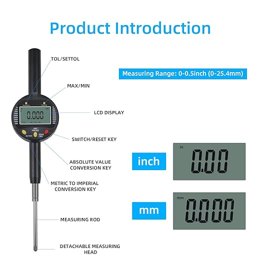 Precision Digital Dial Gauge,Dlectrical Digital Indicator Accuracy of 0.001mm/0.00005 "Metric and Imperial Measure Tool Electronic Dial Gauge with A Range of 25.4mm,for 3D Printing,CNC Machine