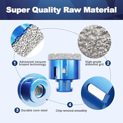 60mm Diamond Core Drill Bit for Porcelain Tile Ceramic Marble Granite Drilling,BRSCHNITT 1pc Vacuum Brazed Diamond Hole Saw with 5/8-11 Thread (60mm)