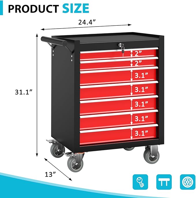 7 Drawers Metal Rolling Tool Chest, Portable Storage Rolling Tool Box, Toolbox on Wheels for Warehouse, Garage, Repair Shop and Tool Room