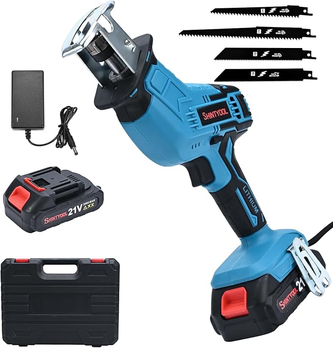 21v Cordless Reciprocating Saw, 2.0 Ah Battery Operated Reciprocating Saw With Charger,Hog Ring Anvil And 4 Pcs Blades For Wood Pvc Pipe Tree Cutting By SHINTYOOL