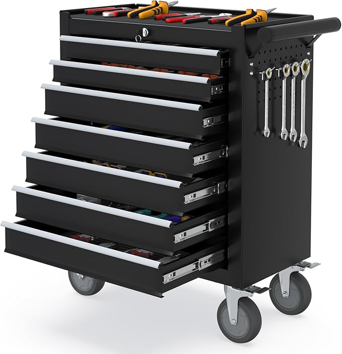 7 Drawers Metal Rolling Tool Chest, Portable Storage Rolling Tool Box, Toolbox on Wheels for Warehouse, Garage, Repair Shop and Tool Room (Black, 7-Drawer)