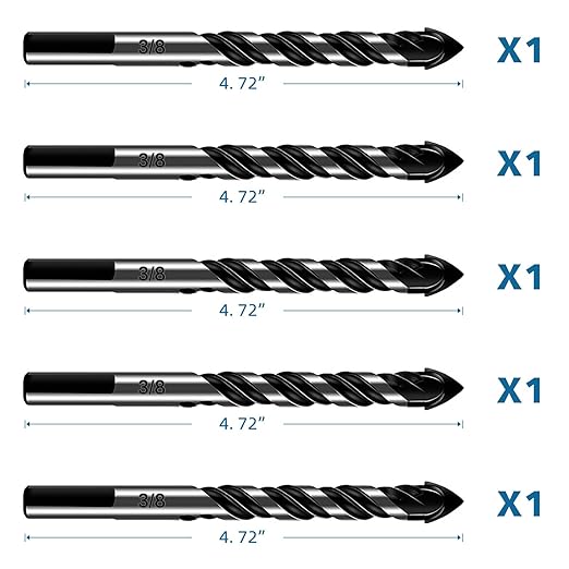 5-Piece 3/8“ Masonry Drill Bits for Tile Glass Ceramic Wall Brick Stone Soft-Metal Wood, 3/8 Inch Concrete Drill Bits Cement Drill Bit Set, 3-Flat Shank, YG8 Carbide Tungsten Steel Alloy Tip 10mm