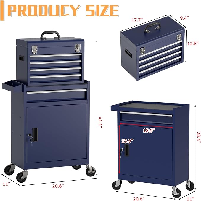 5-Drawer Rolling Tool Chest,Garage Storage Tool Box with Wheels,Lockable and Detachable Tool Cabinet,Heavy Duty Metal Tool Cart with Wheels for Garage,Warehouse,Workshop (Blue)