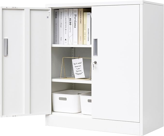 BESFUR Metal Storage Cabinet, 36"- White Locking Cabinet with Two Adjustable Shelves, Garage Storage Cabinet for Office, Garage, Home
