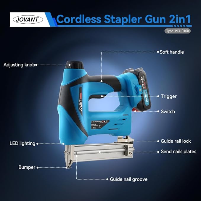 2 in 1 Nail Gun Battery Powered, 20V Cordless Nail Gun,400pcs Nails, 400pcs Staples, with Staple Puller, 2 * 2.0Ah Li-Ion Batteries and 2.4A Charger, Brad Nailer for Home Improvement & DIY