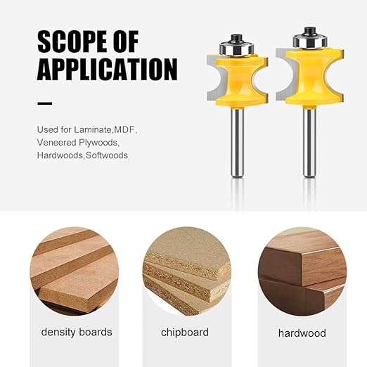 WSOOX 5PCS Bullnose Beading Router Bits with 1/4-Inch Shank Carbide-Tipped Corner Beading Bits Set Radius:1/4",3/8",1/2",5/8",3/4"