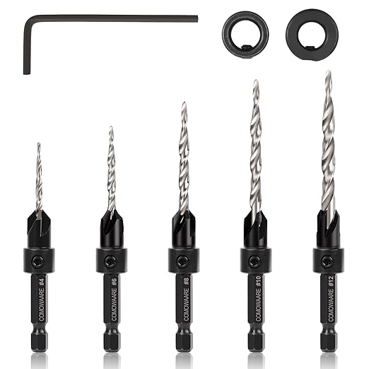 COMOWARE Countersink Drill Bits Set- 5Pcs M2 Counter Sink Bit for Wood High Speed Steel, 4#6#8#10#12, Woodworking Carpentry Reamer with 1 Free Hex Key Wrench