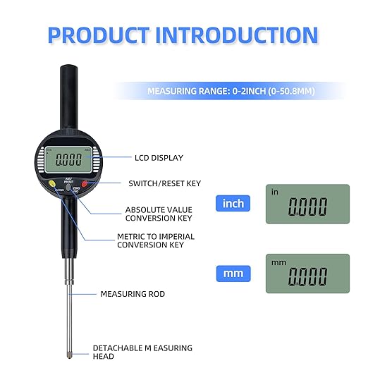 Digital Dial Gauge,with A Range of 50.8mm/2 in,Dlectrical Digital Indicator Graduation of 0.001mm,Metric and Imperial Measure Tool.Electronic Dial Gauge for Bearing Measurement and CNC Machine