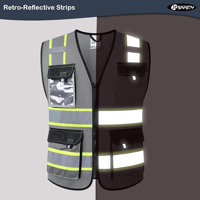 JKSafety Hi Vis Reflective Safety Vests for Men Women High Visibility Vest with Pockets Mesh Fabric Construction Safety Apparel Neon Vest for Work (220-Grey M)