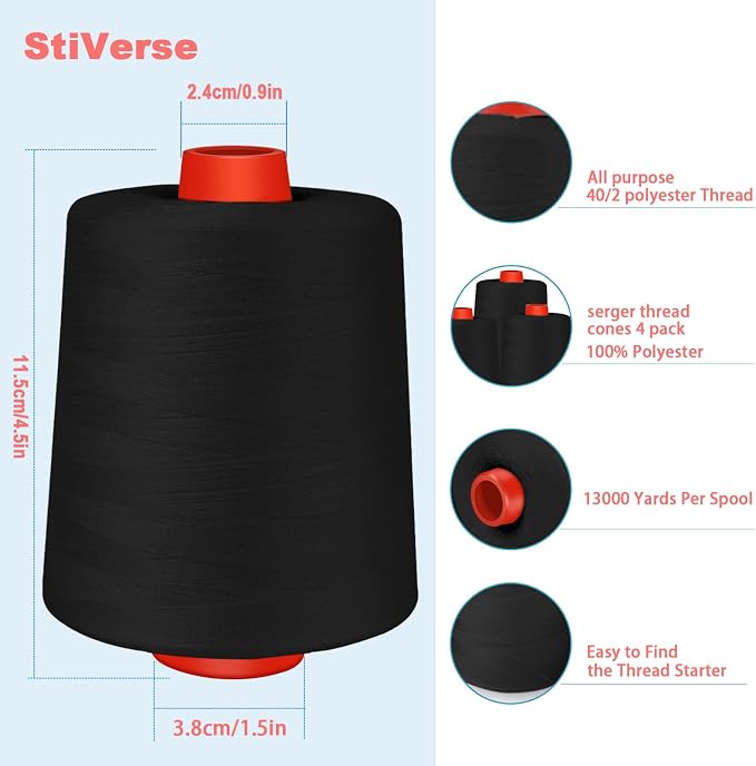 Black Sewing Thread, Serger Thread Cones 4 Pack, 40S/2-52000 Yards Black All - Image 2