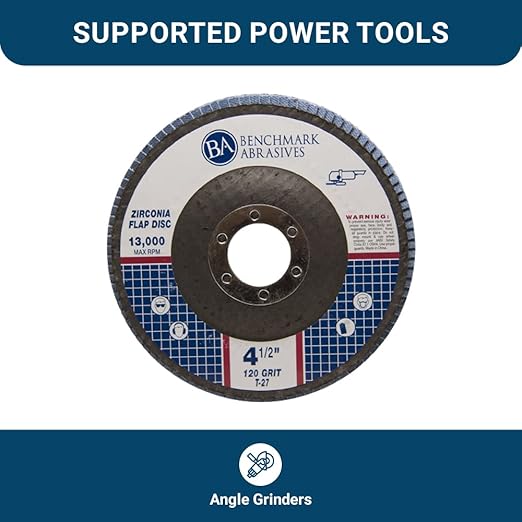 Benchmark Abrasives 4.5" Premium Zirconia Type 27 Flat Flap Discs Grinding Wheels for Sanding Stock Rust Removal Finishing Grinding Deburring Stainless Steel, 7/8" Arbor (10 Pack) - 120 Grit