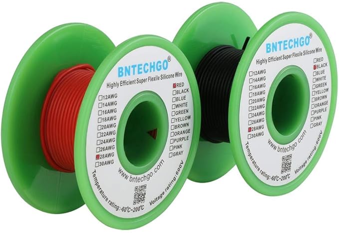 BNTECHGO 28 Gauge Silicone wire spool red 25ft and black 25ft Flexible 28 AWG Stranded Tinned Copper Wire