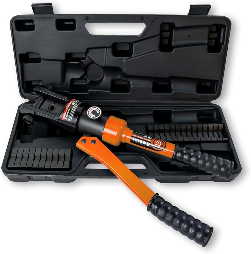 AMZCNC 16 Ton Hydraulic Wire Crimper Battery Cable Lug Terminal Crimping Tool WIth Standard US cable Dies,Crimps 6 AWG to 600 MCM, Cable Crimping Tool with 13 Pairs of Standard US cable Dies