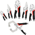 Locking Pliers Set, 6-Piece Vice Grips Pliers Set Long Nose 6-1/2”, 9-1/2” Curved Jaw 5” 7” 10” C-Clamp 6” Adjustable Screw