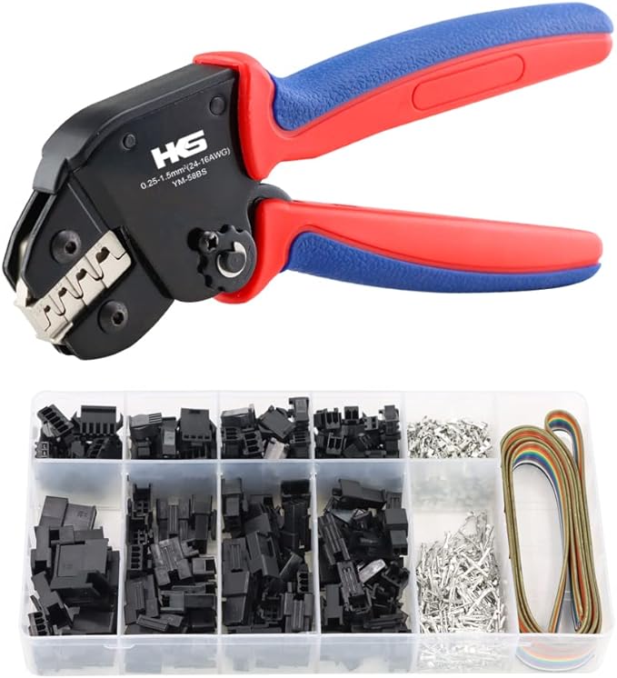 HKS Open Barrel Crimping Tool with 590PCS JST-SM Connectors Kit - 24-16 AWG (0.25-1.5mm²) Labor-saving Crimper for AMP-TE 2.8/4.0/4.8/6.3 JST-SM2.54/XH2.54/VH3.96 & Molex (YM-58BS)